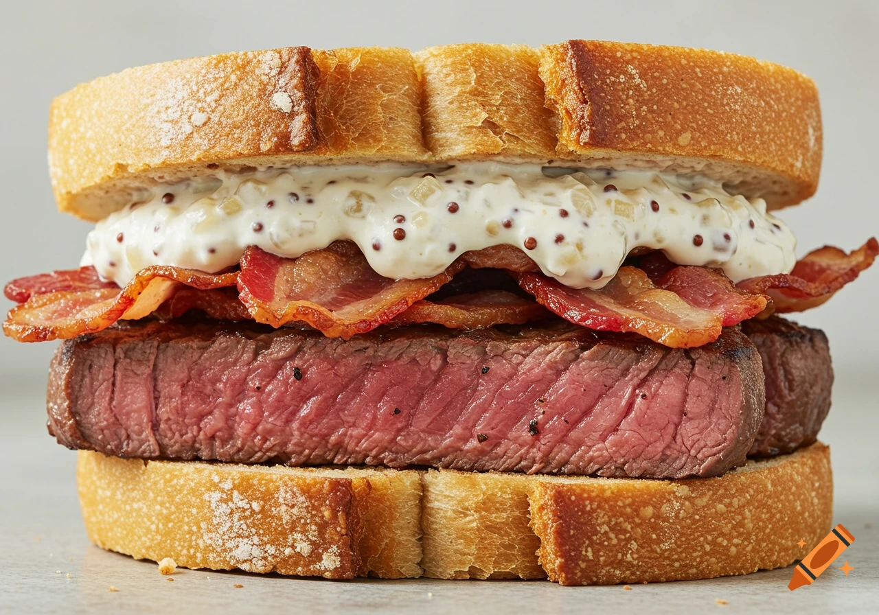 Close-up of a steak and bacon sandwich with creamy sauce.