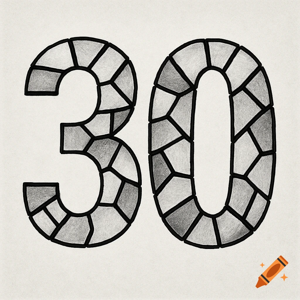 Grayscale drawing of the number 30 made of segments.