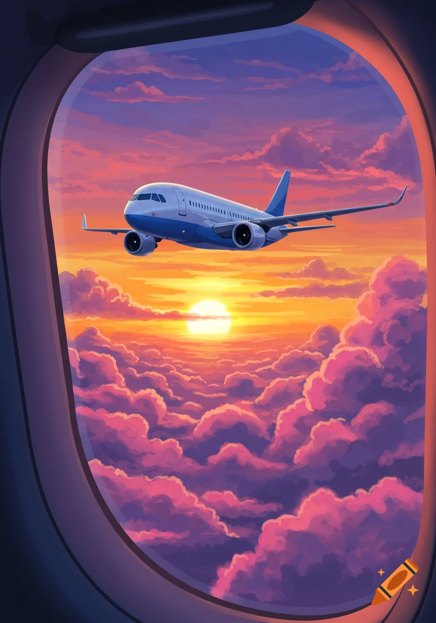 View from airplane window of plane flying through pink and purple sunset clouds