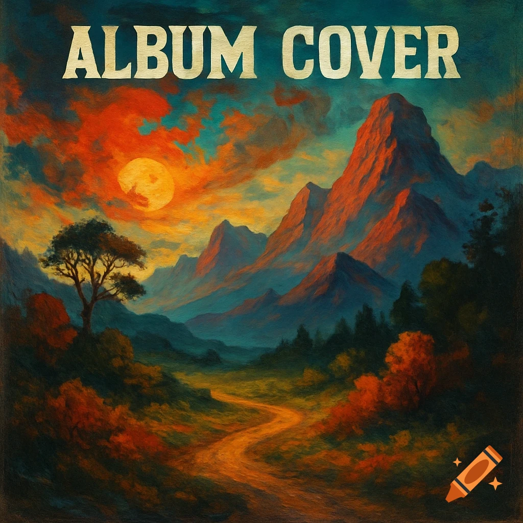 Painting of a vibrant landscape with mountains, path, trees, and sunset sky. Text reads "ALBUM COVER".