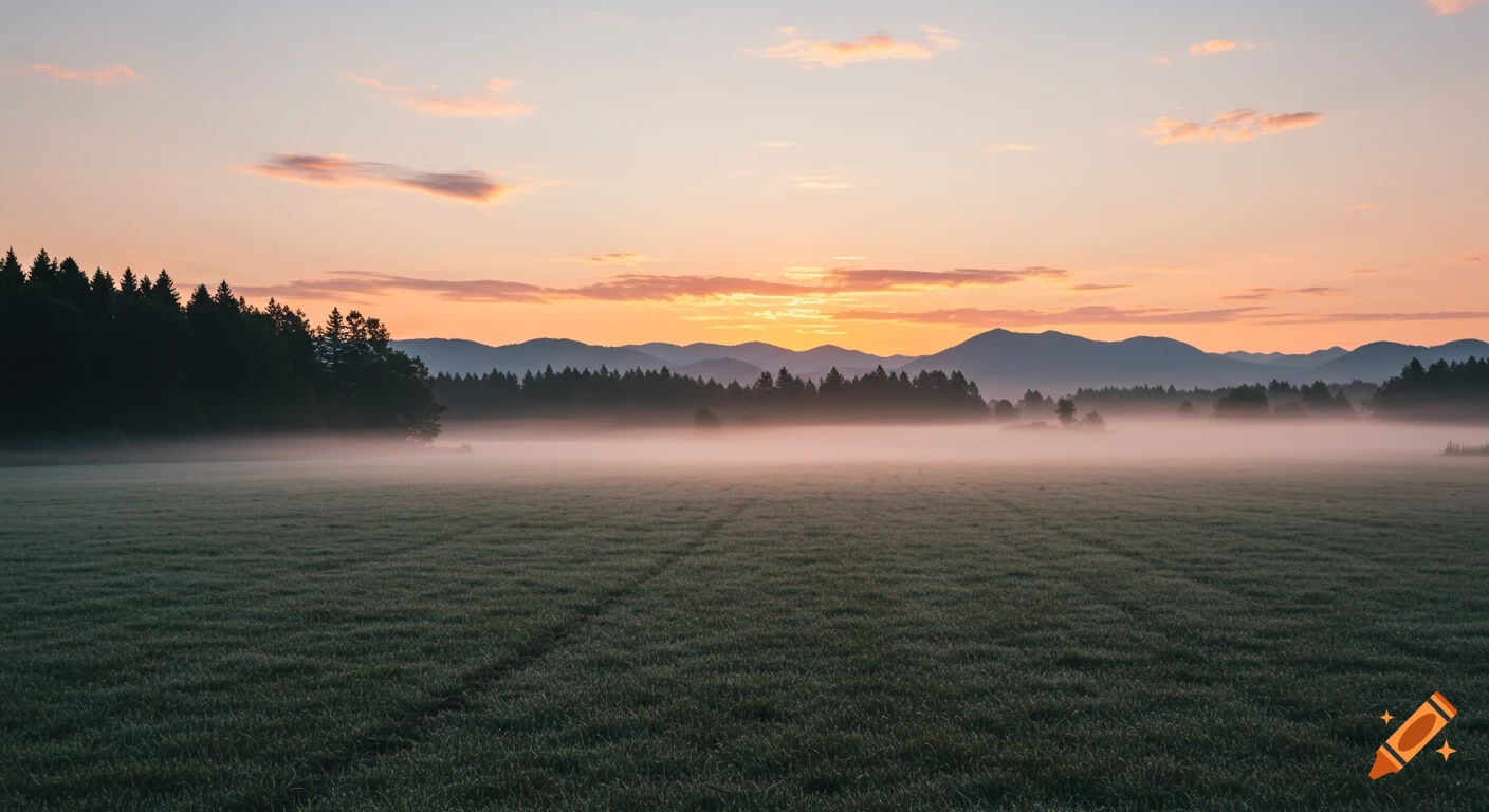 Sunrise over a foggy field with a forest and mountains
