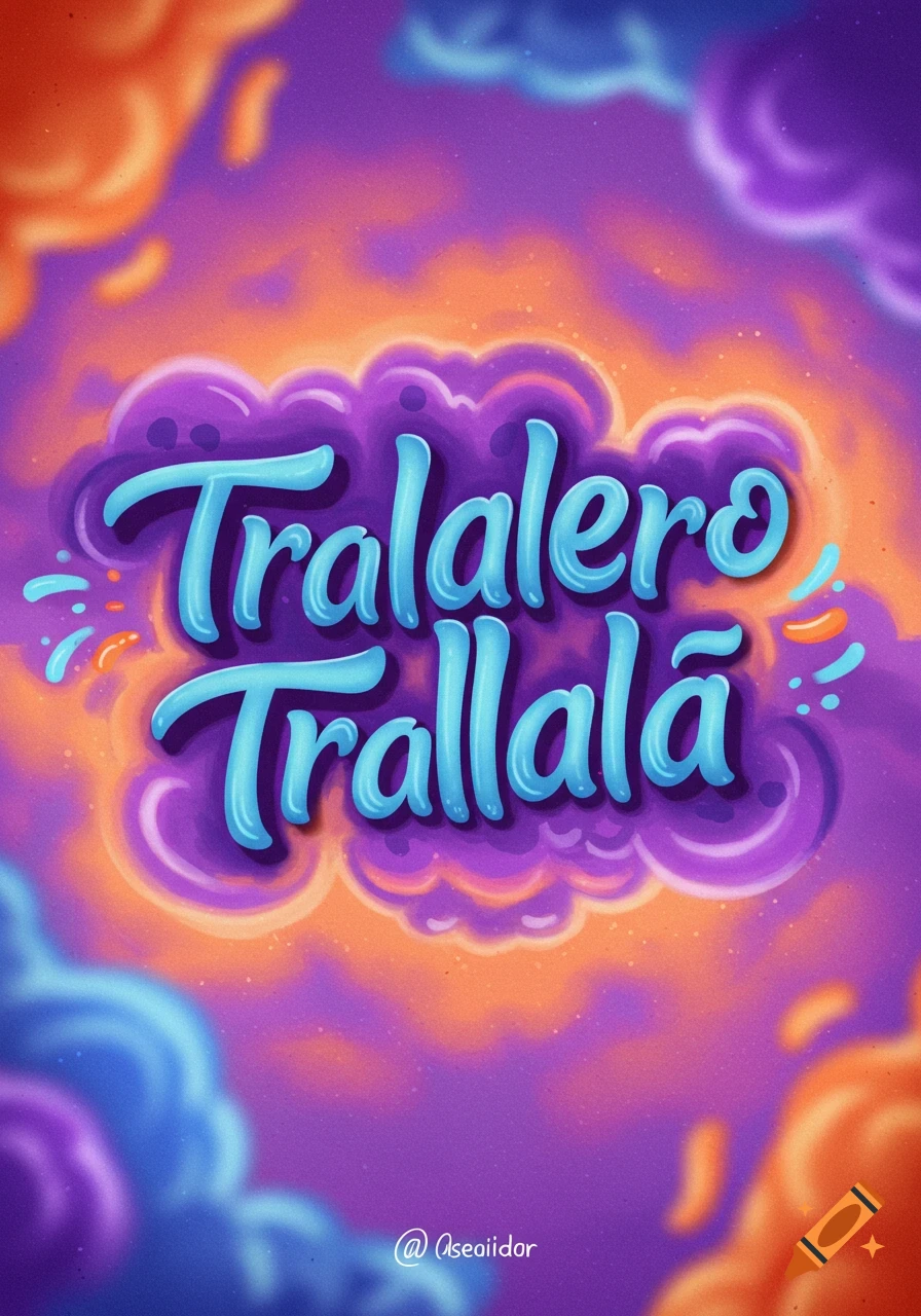 Stylized blue text 'Tralalero Trallal ã' on a vibrant purple and orange cloudy background.