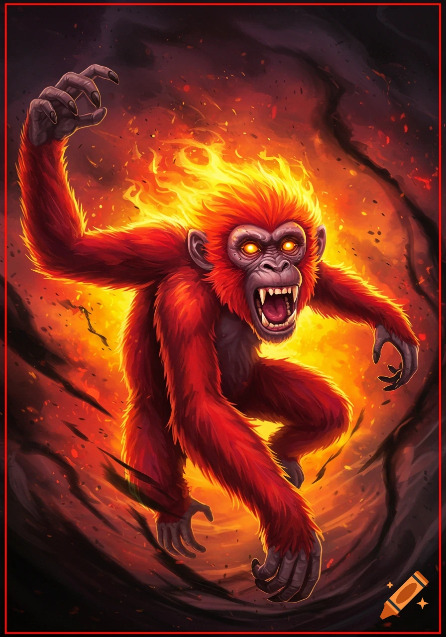 A dynamic illustration of a red monkey with fiery hair and glowing eyes, lunging forward against a backdrop of flames.