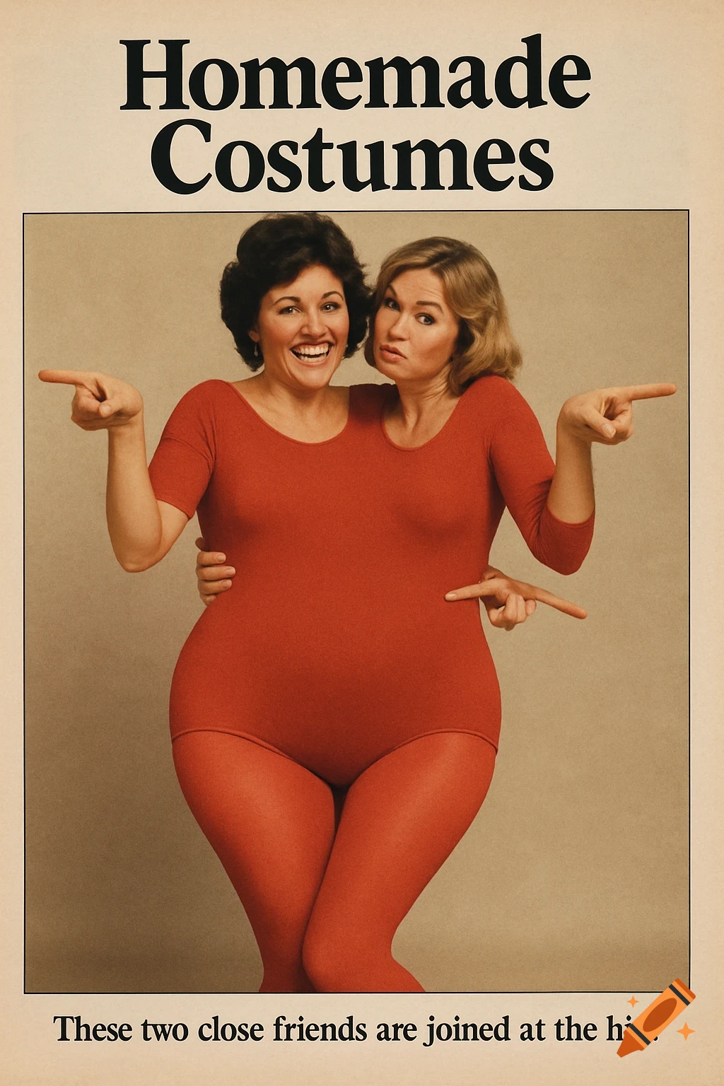 Two women in a conjoined costume, vintage magazine photo style with text.