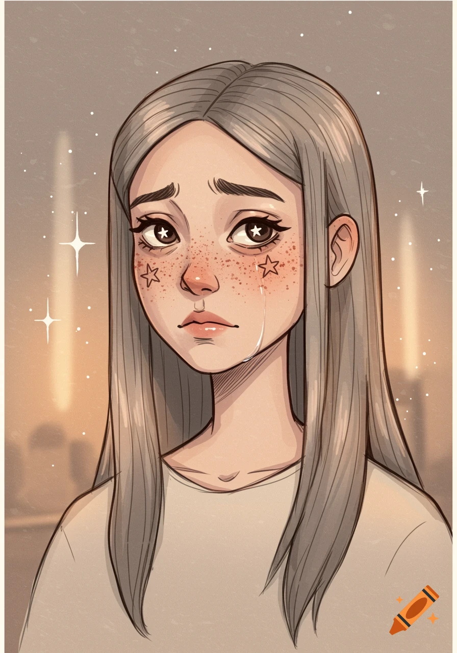 Hand-drawn illustration of a sad girl with star freckles crying a tear.