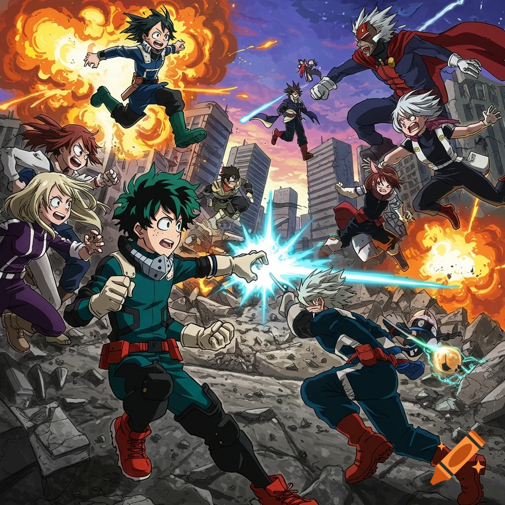 Anime style illustration of My Hero Academia characters, including Izuku Midoriya, fighting in a destroyed city.