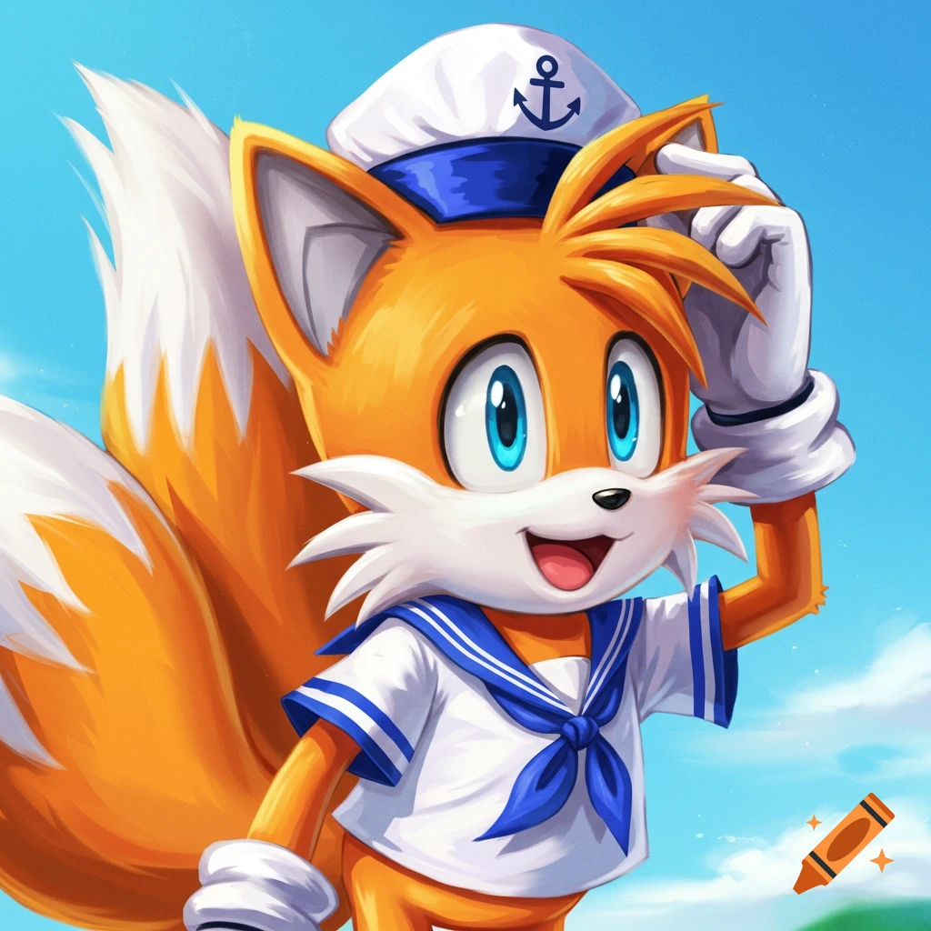 Tails the fox from Sonic in a sailor hat and suit, looking cheerful.