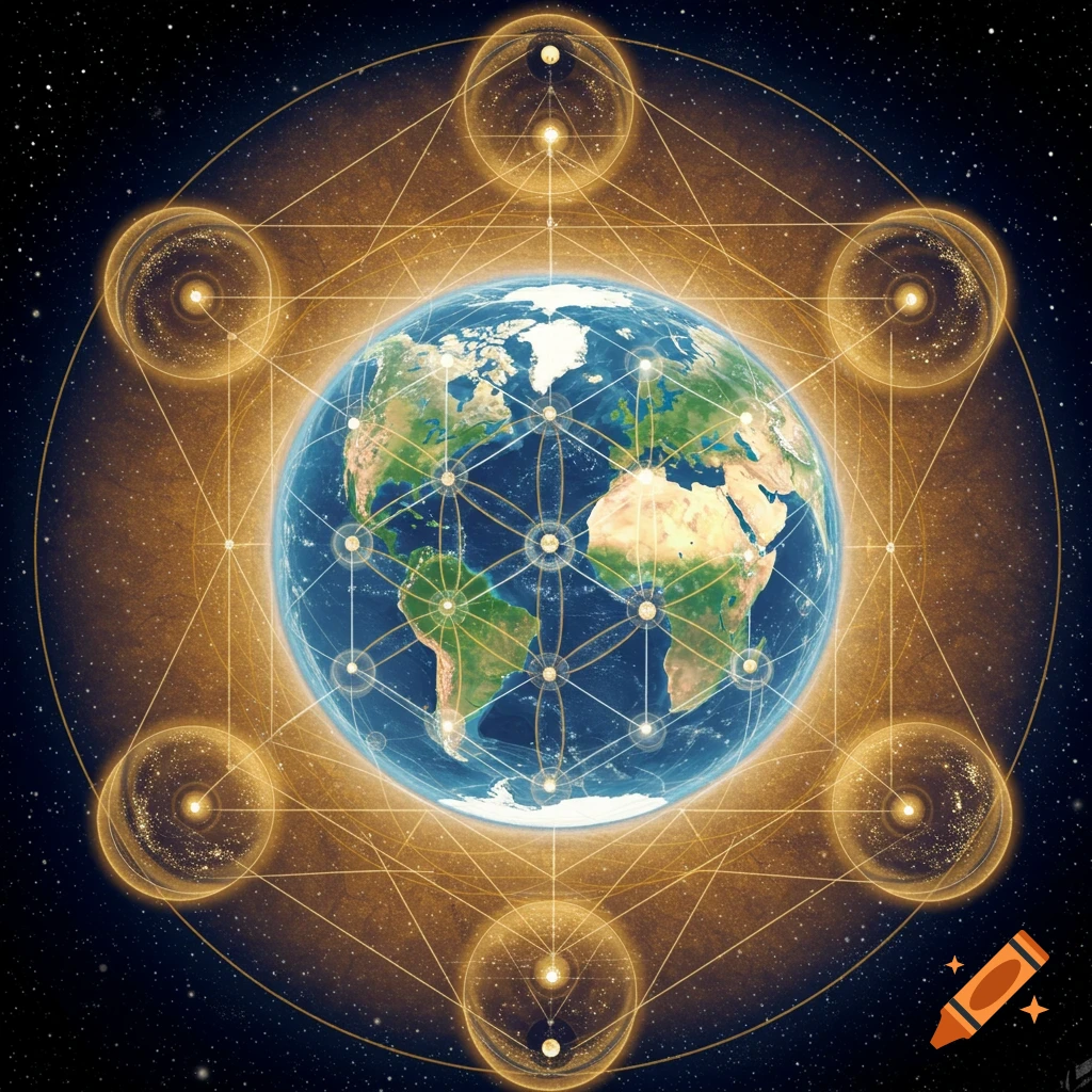 Planet Earth in space surrounded by intricate golden geometric lines and glowing spheres, depicting sacred geometry.