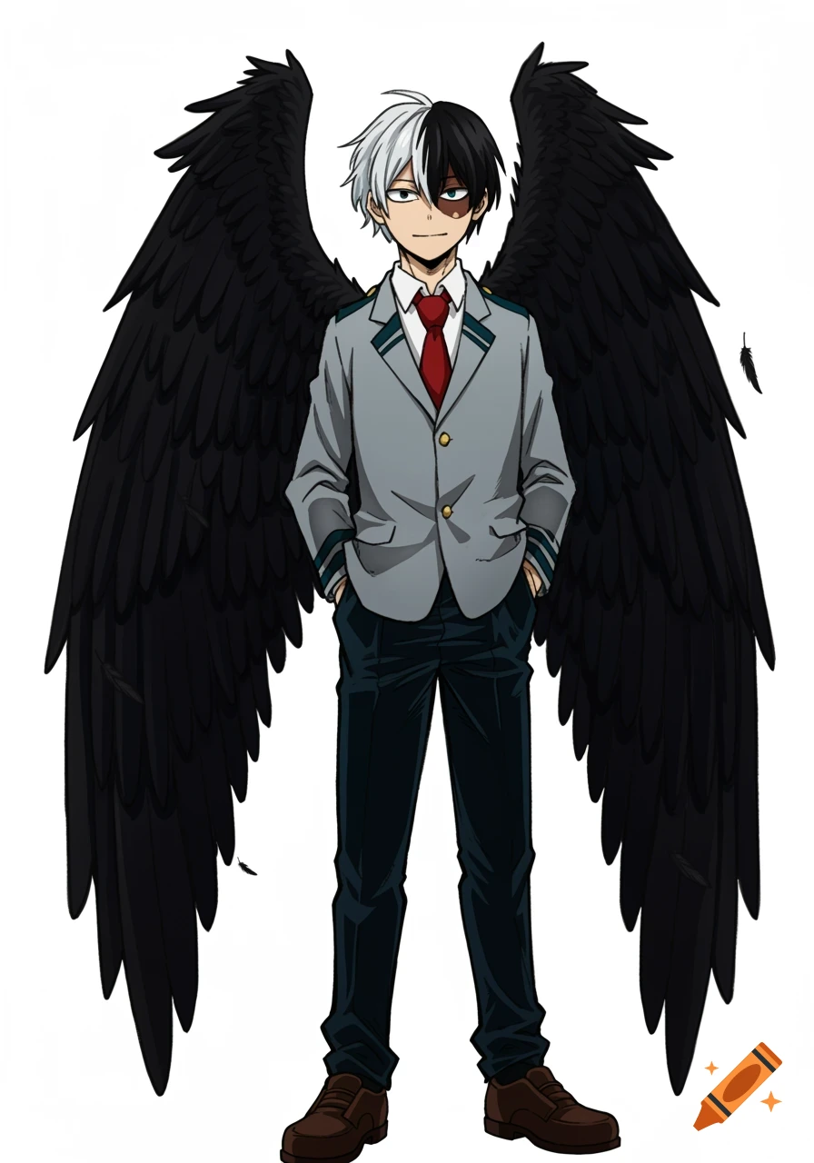 Anime character resembling Shoto Todoroki from MHA with large black wings, wearing a school uniform, hands in pockets.