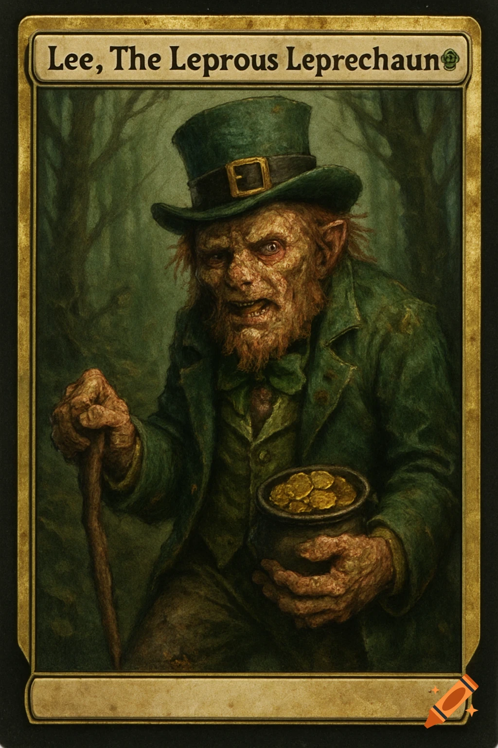 A grotesque leprechaun in a green suit holds a pot of gold, depicted like a trading card.