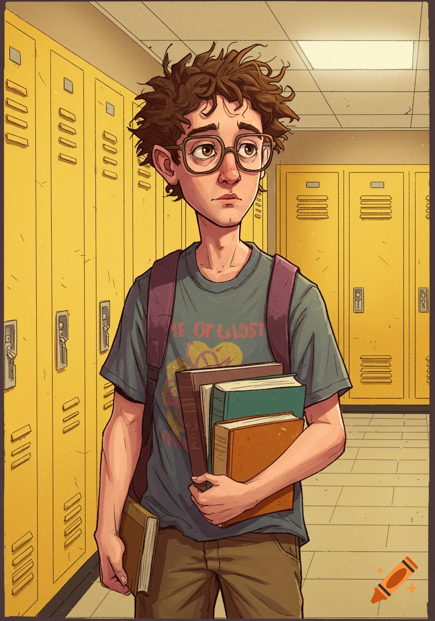 Illustration of a male student with messy hair and glasses carrying books past yellow lockers.