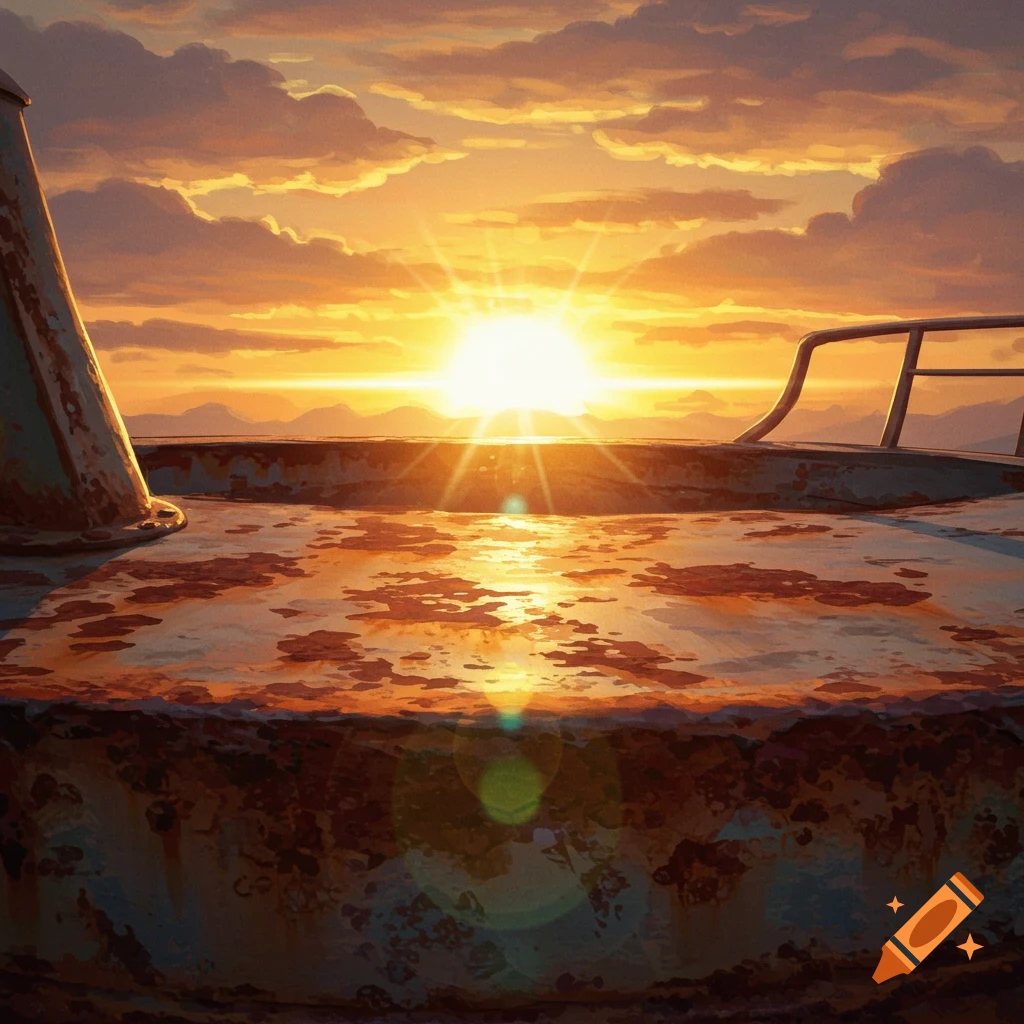 Vibrant sunrise over a heavily rusted surface, with lens flare and clouds, mountains in the distance.