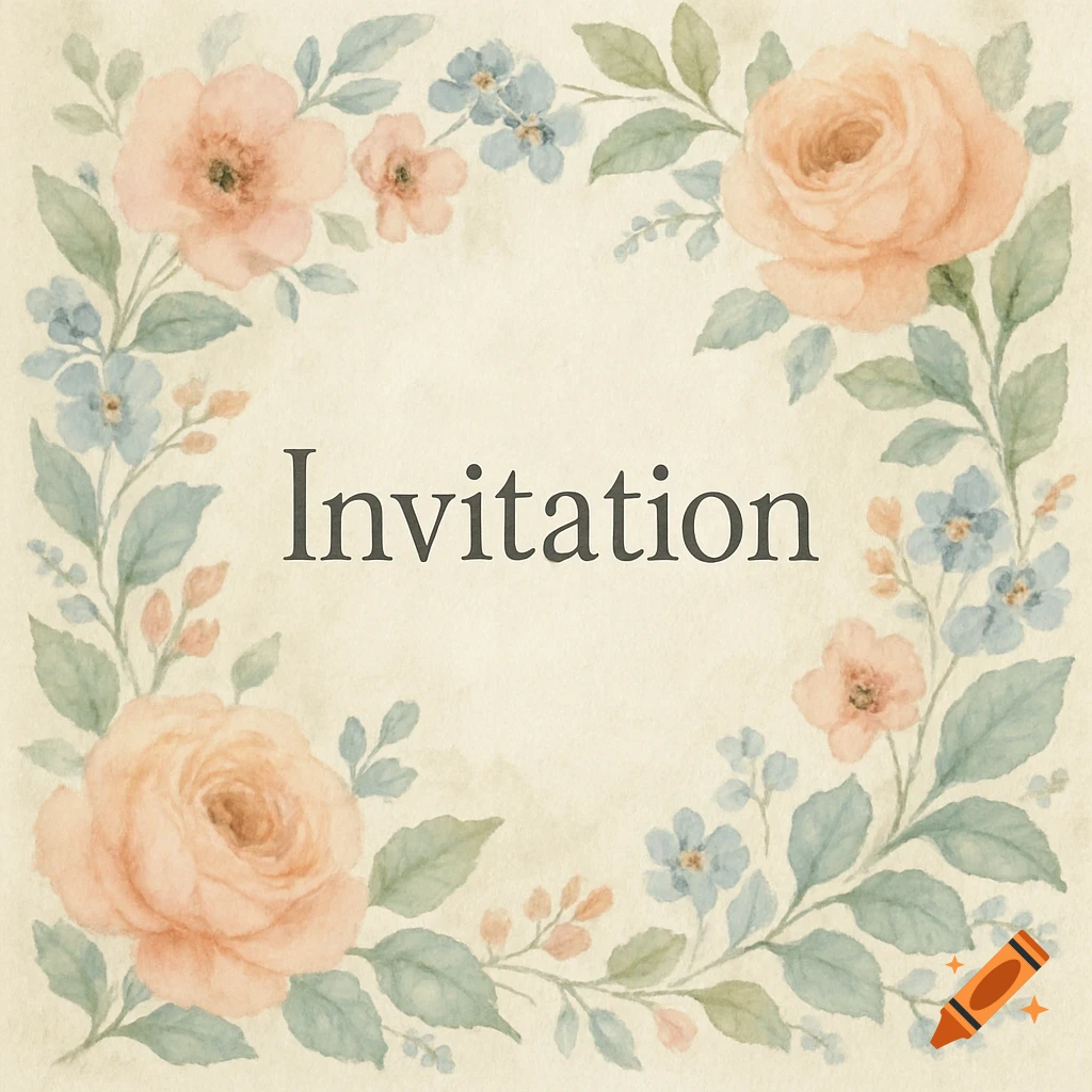 Watercolor illustration of a square floral frame with pink roses and blue flowers surrounding the word "Invitation" on a textured background.