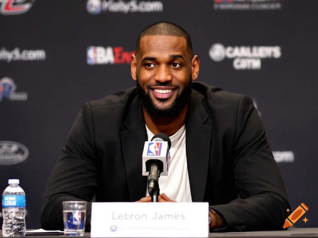 LeBron James smiles at a press conference podium with a microphone. on  Craiyon