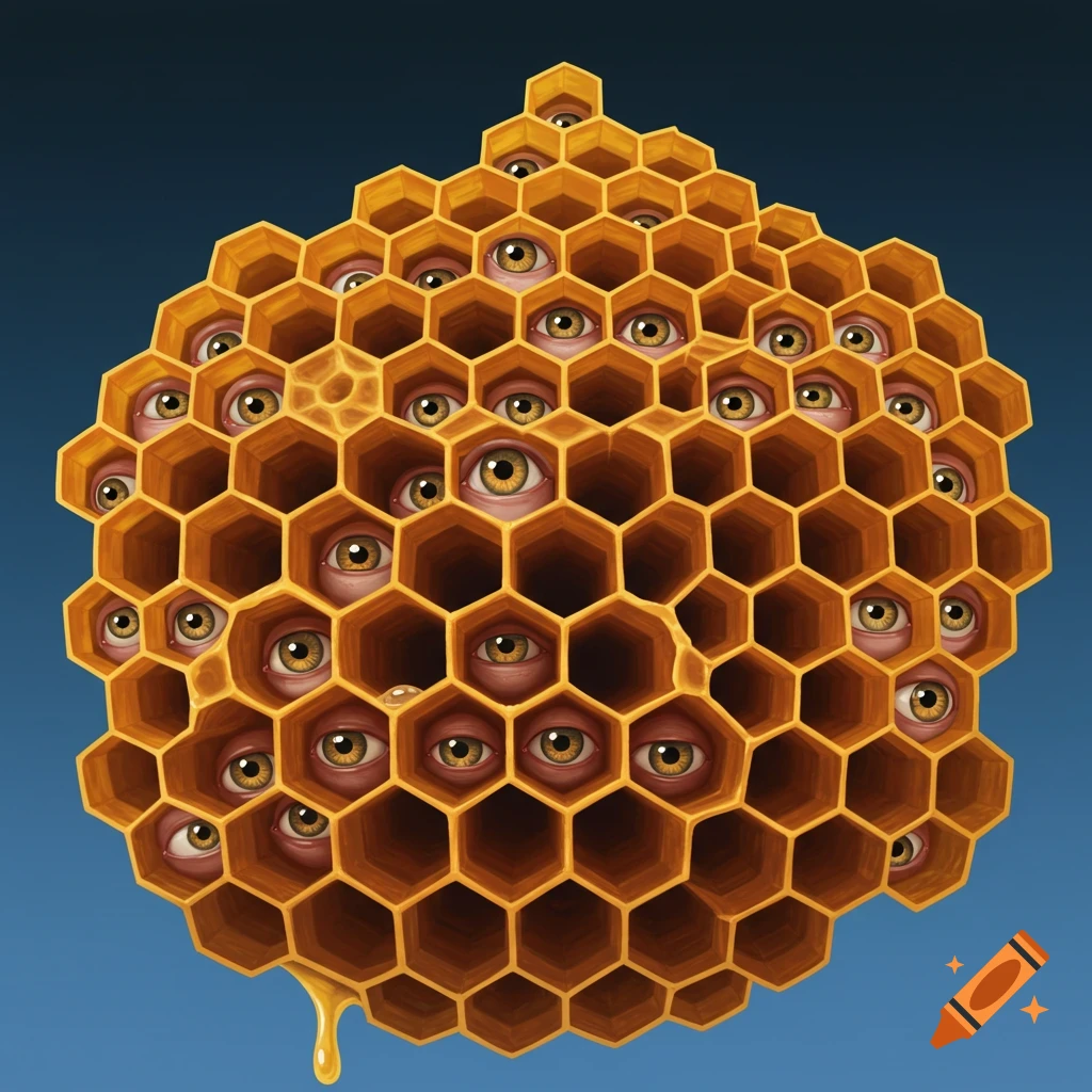 A honeycomb structure filled with human eyes, dripping honey.