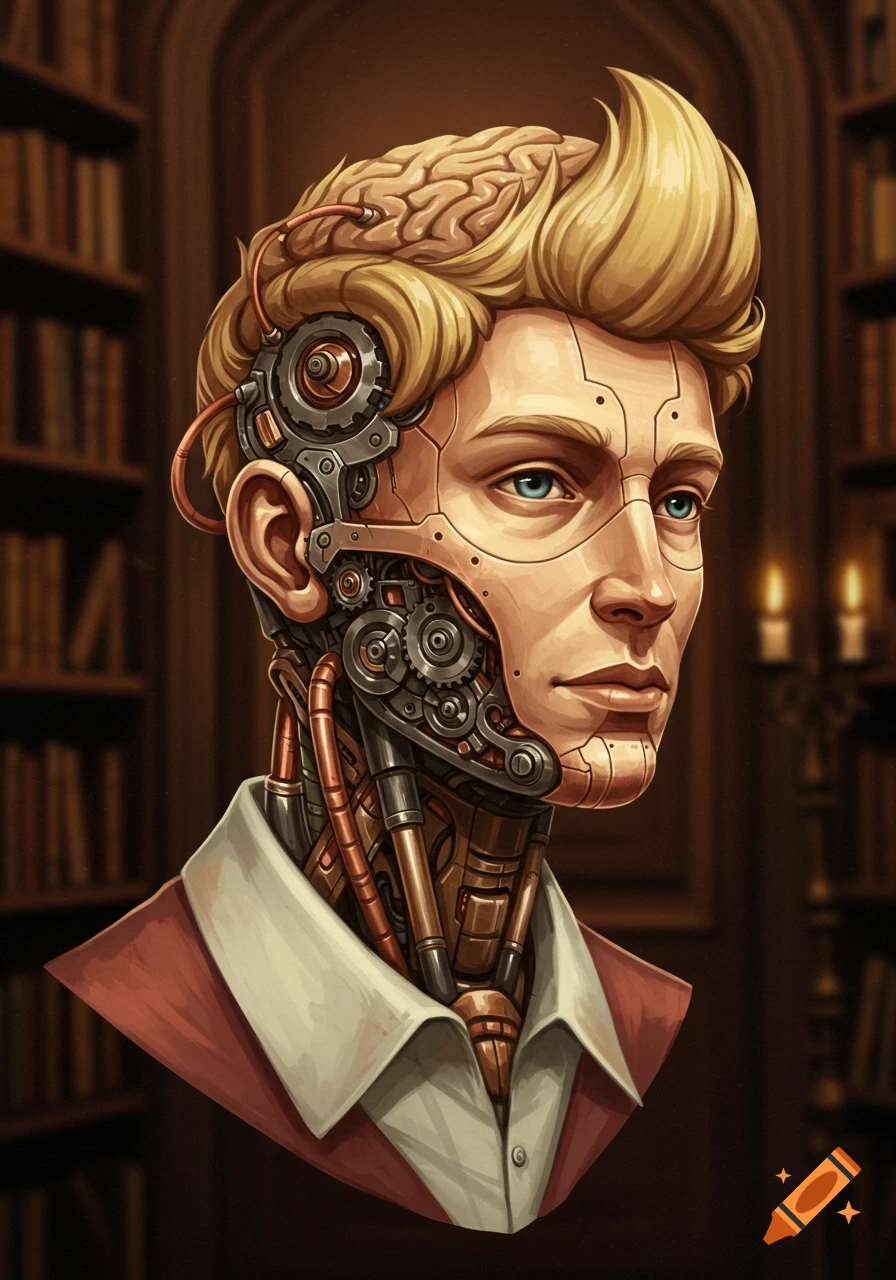 Portrait of a person with mechanical components integrated into their head and neck, in a library setting.