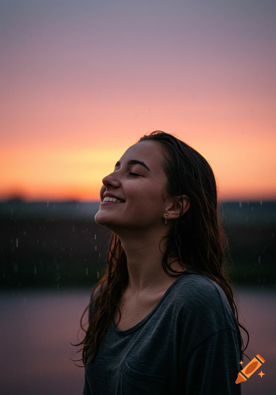 Young woman smiling with closed eyes in the rain during a sunset.