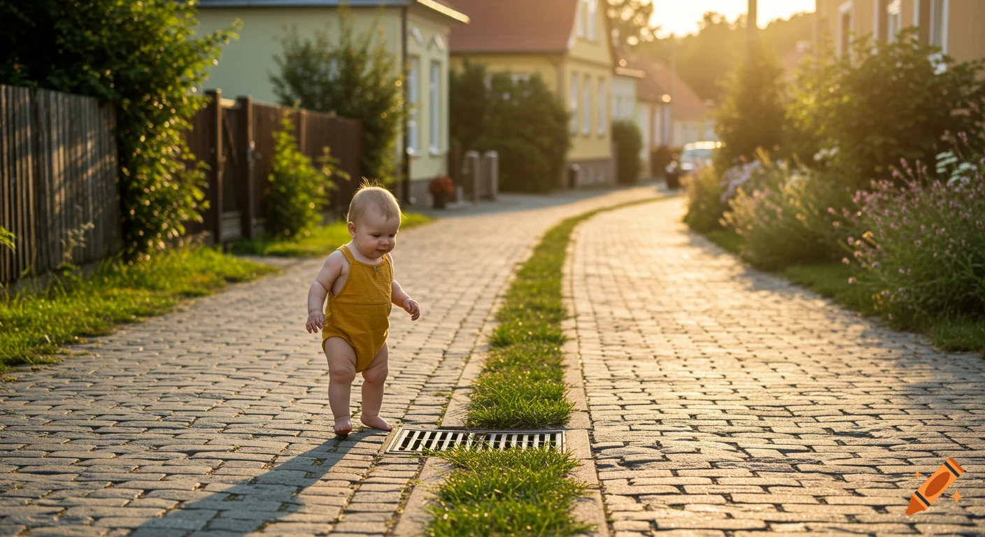 A baby in a yellow romper waddles down a cobblestone village street at sunset.