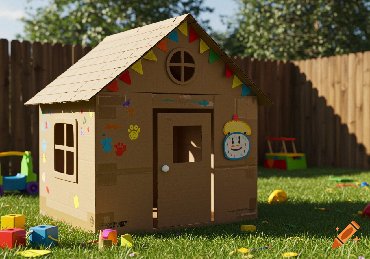 A decorated cardboard playhouse stands in a sunny backyard filled with colorful toys.