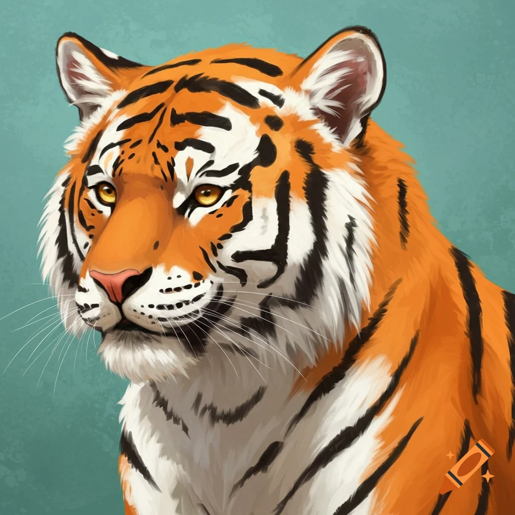 Close-up illustration of a tiger head on a teal background.