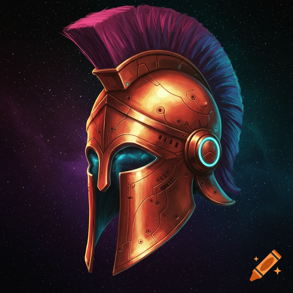 A sci-fi Corinthian helmet with glowing eyes and a purple crest against a starry background.
