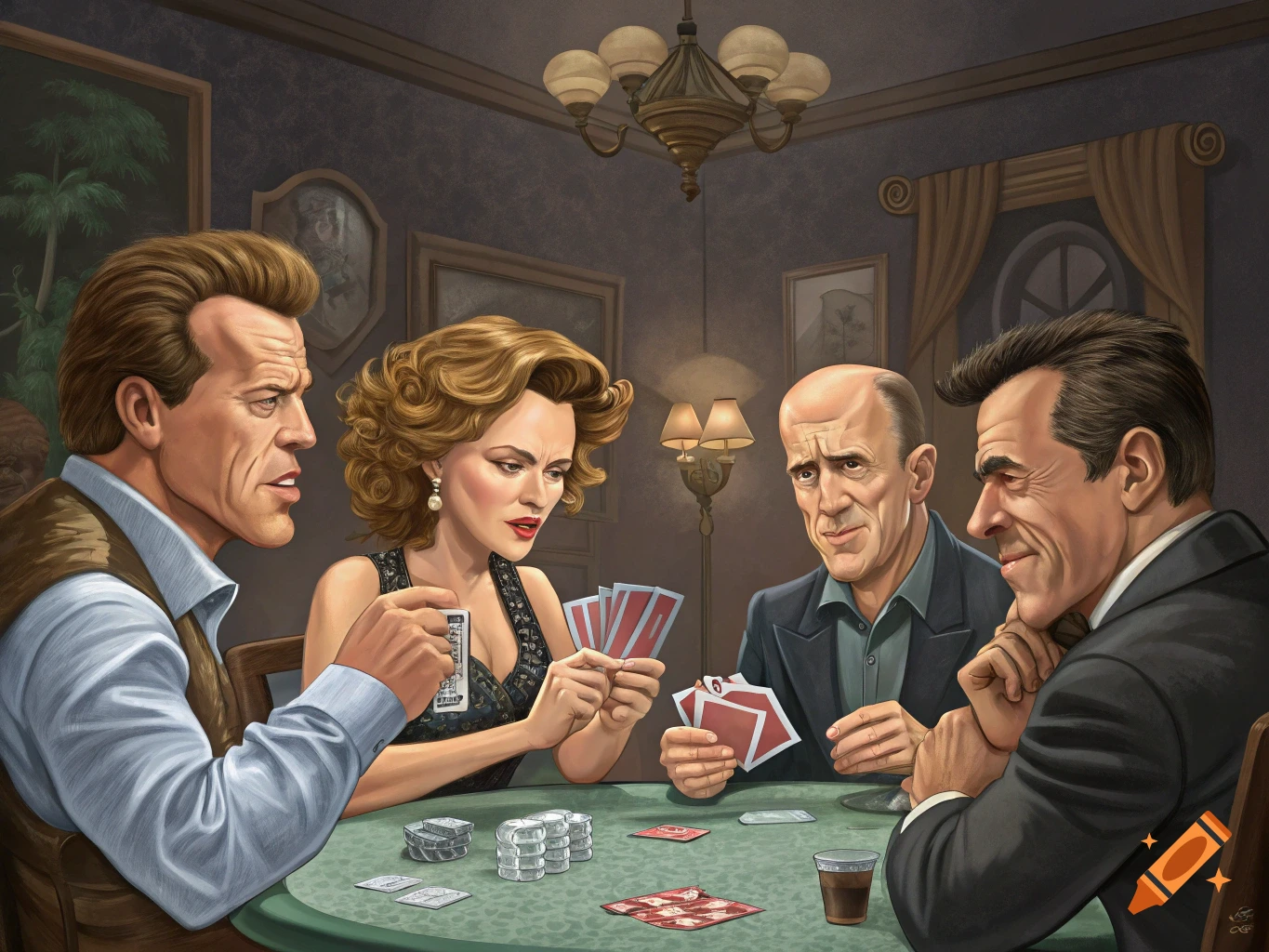 Caricatures of four people playing poker at a table with cards and chips.