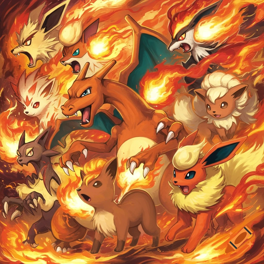 Illustration of several fire-type Pokemon including Charizard and Flareon surrounded by flames.