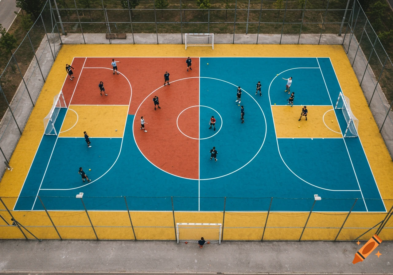 Birds eye view of a colorful outdoor sports court with people and soccer goals.