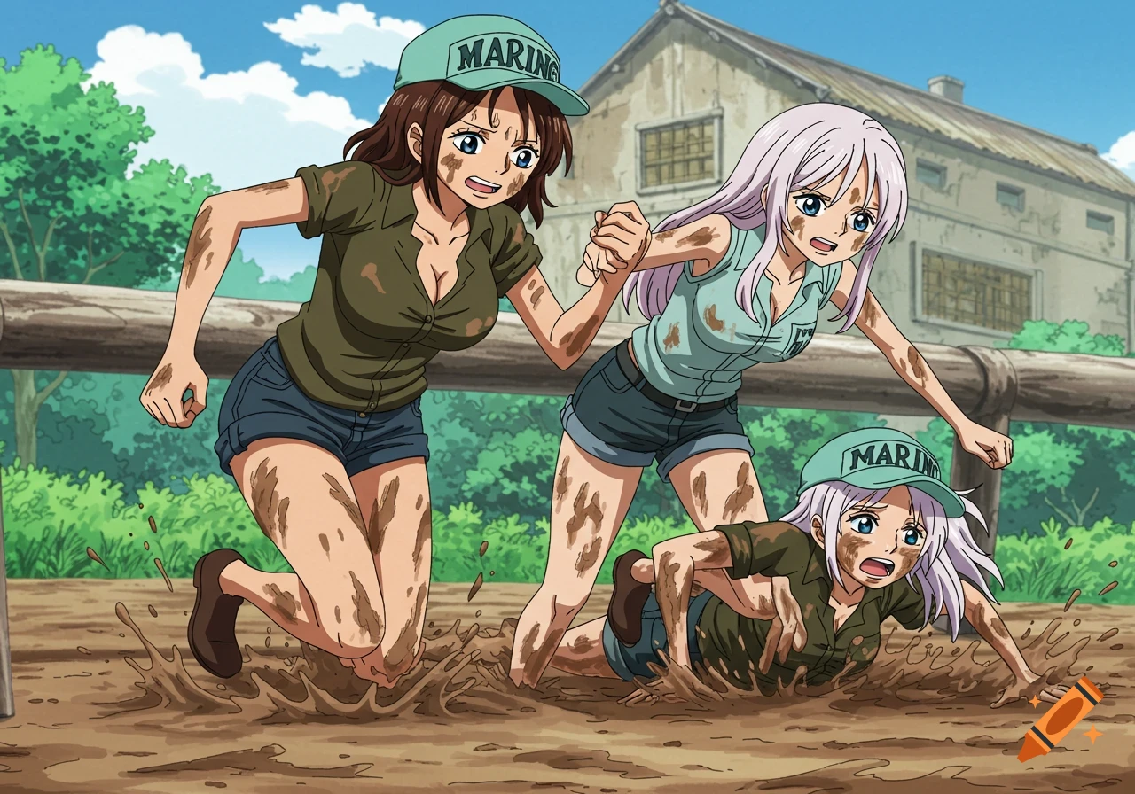Anime characters covered in mud during marine training