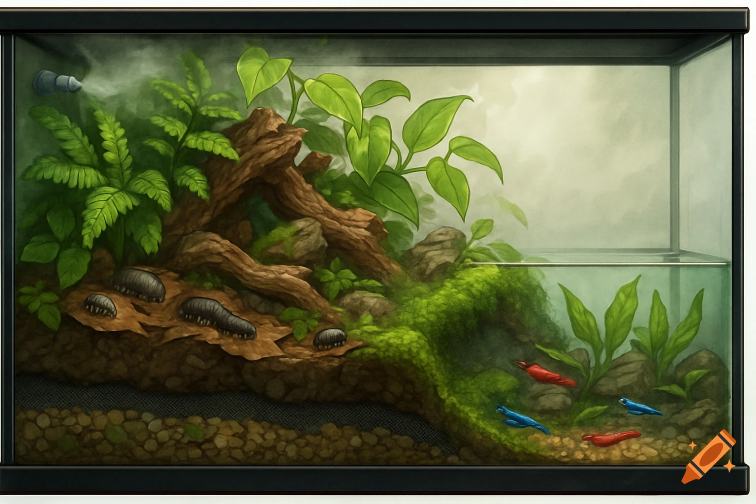 Side view of a detailed terrarium and aquarium hybrid ecosystem with isopods on land and shrimp in water.