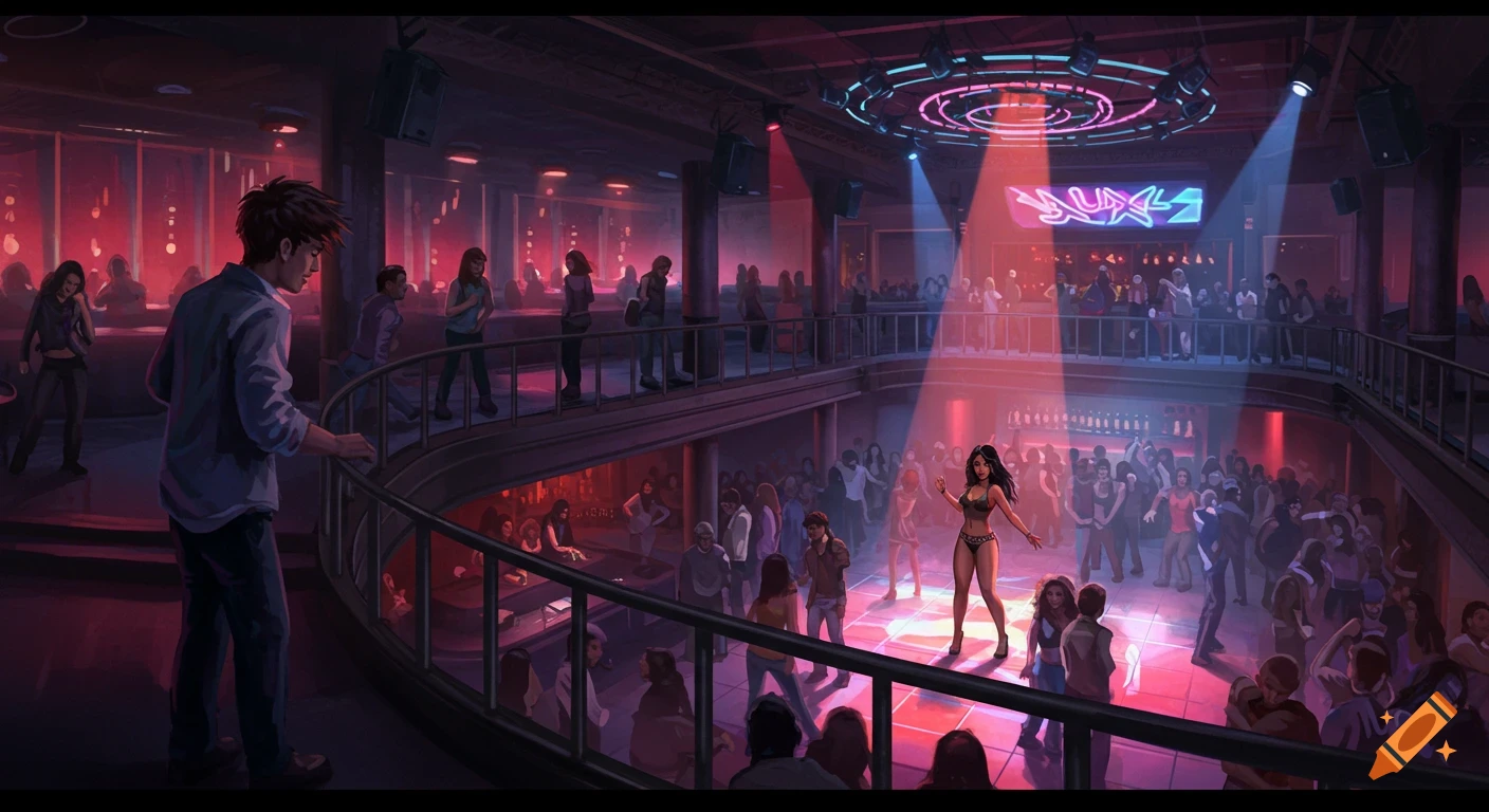 Digital illustration of a bustling two-story nightclub with a person on the balcony overlooking a woman performing on a stage below.