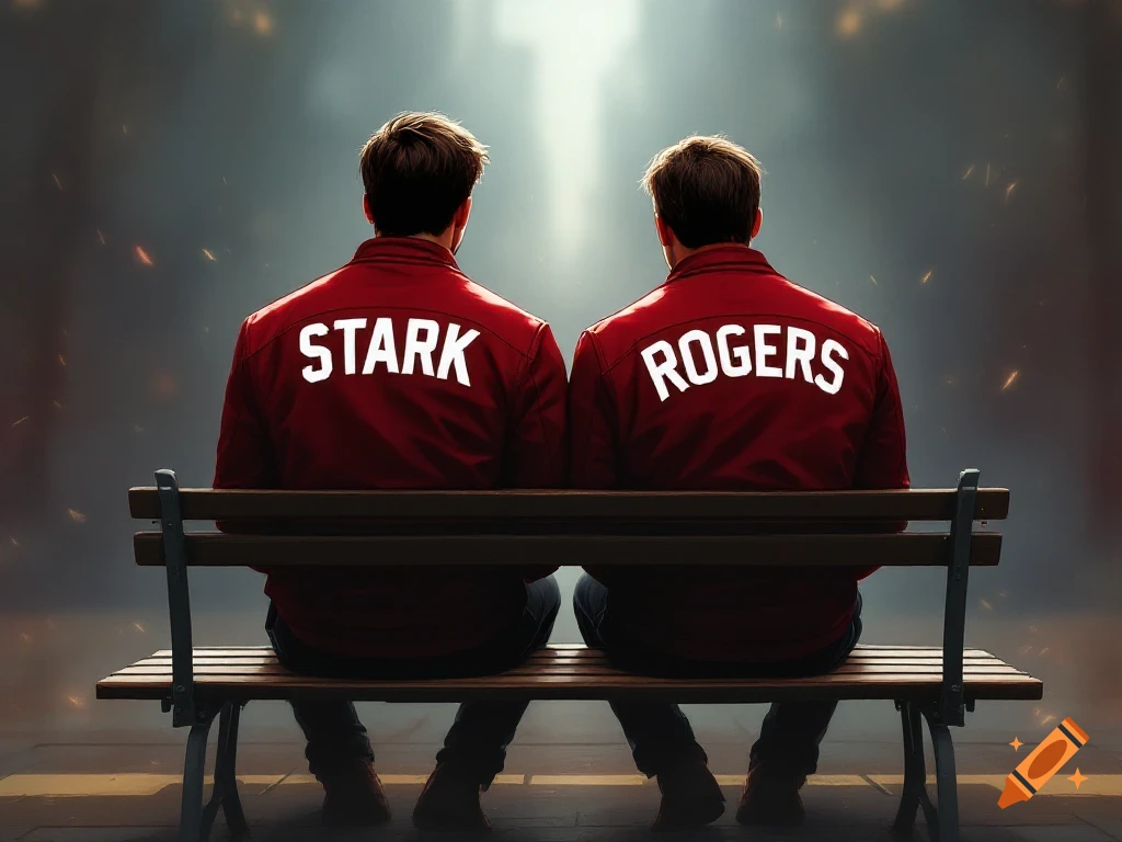 Two figures in red jackets with 'STARK' and 'ROGERS' on their backs sit on a bench facing away.
