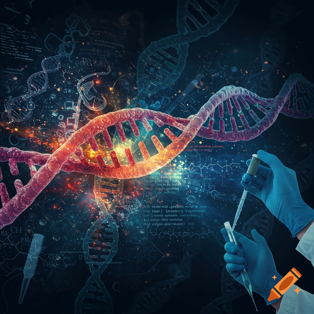 Digital art of DNA structure with glowing effects, background scientific diagrams, and gloved hands using a pipette