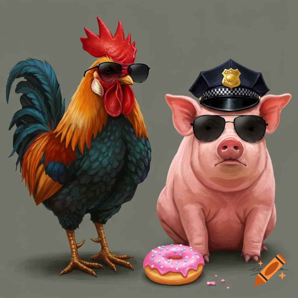 A rooster and a pig wearing sunglasses, the pig also has a police hat. A pink donut is on the ground.