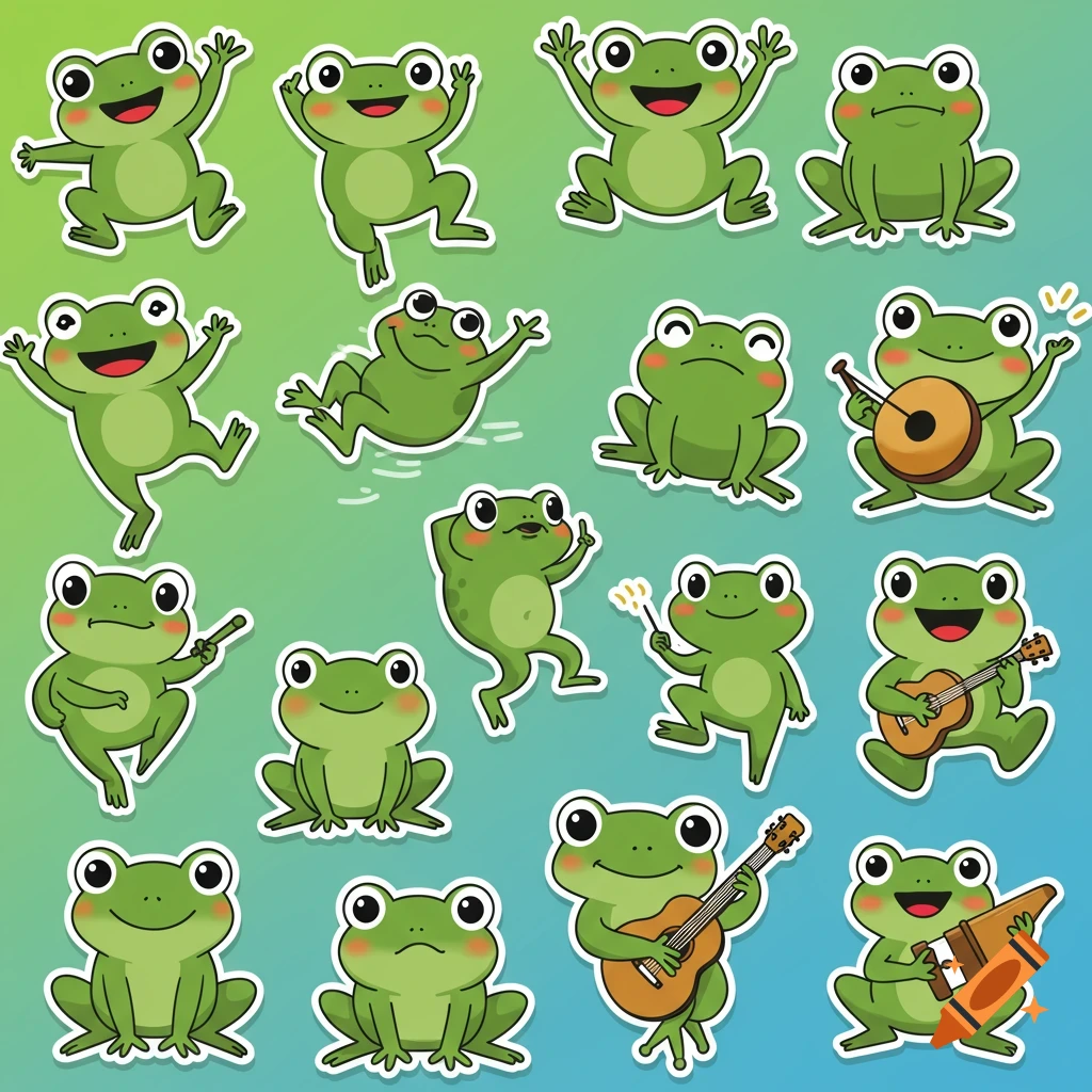 Collection of cute cartoon frog stickers in various poses
