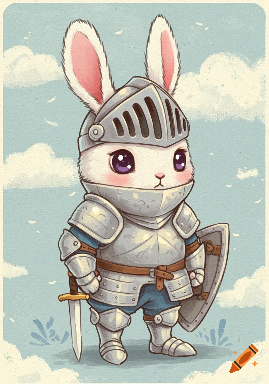 A cute bunny in knight armor with sword and shield in a vintage illustration style.