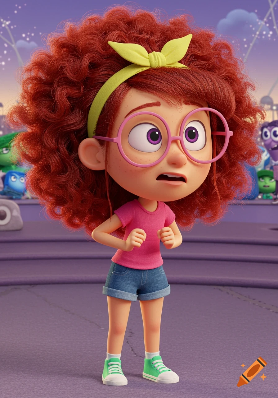 3D animated girl with red curly hair, glasses, pink shirt, denim shorts, green shoes, in the style of Inside Out