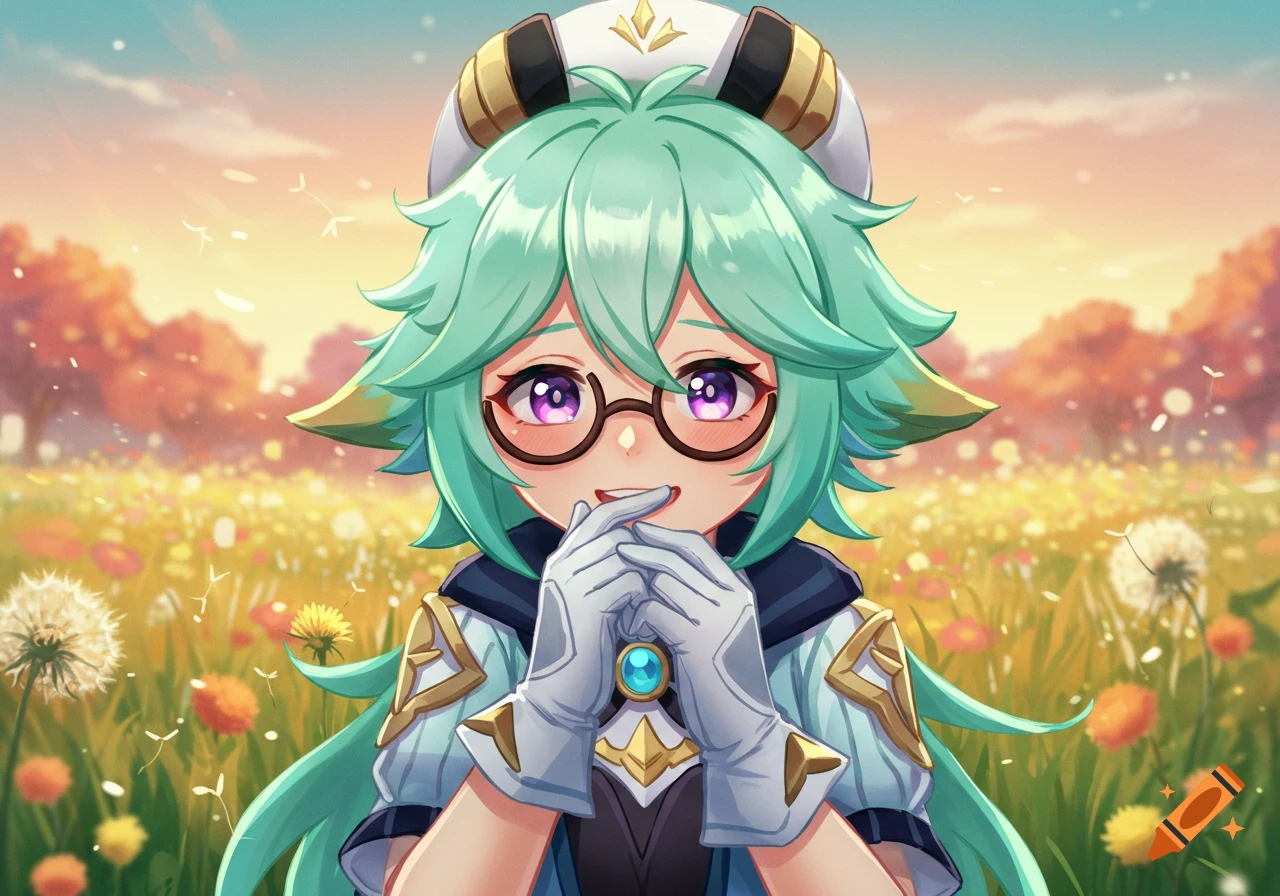 Anime character Sucrose smiles awkwardly in a field of flowers at sunset.