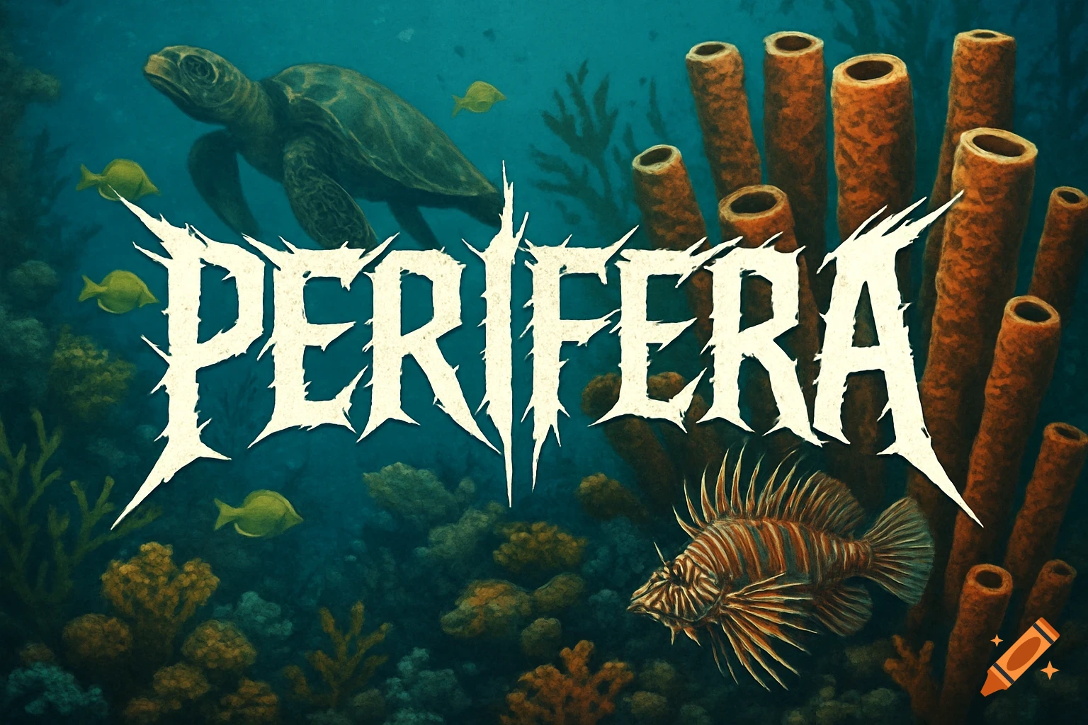 Illustration of underwater scene with turtle, fish, sponges, and "PERIFERA" band logo.