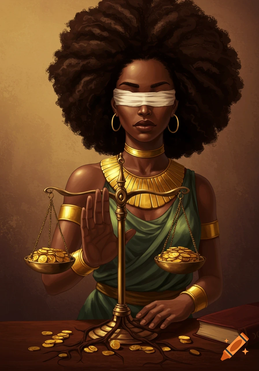 Digital painting of blindfolded Black woman holding scales of justice with gold coins.