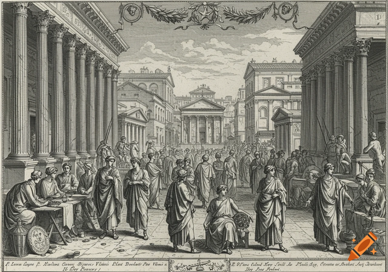 A black and white engraving of a crowded Roman forum with people in togas and classical architecture.