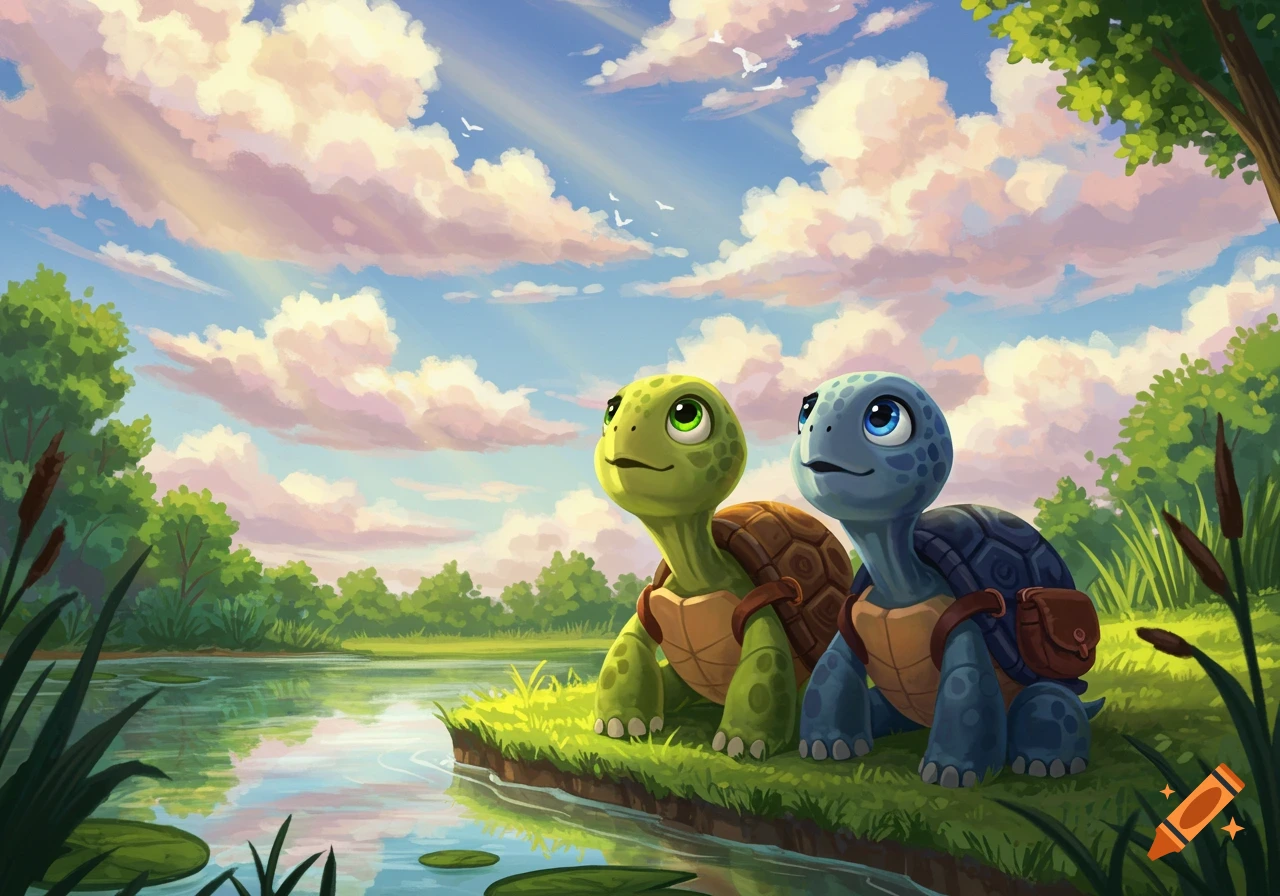 Two cartoon turtles with backpacks sit by a pond, looking up at the sky.