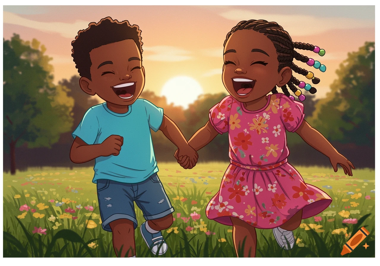 Two smiling black children hold hands and run through a field of flowers at sunset in a cartoon style.