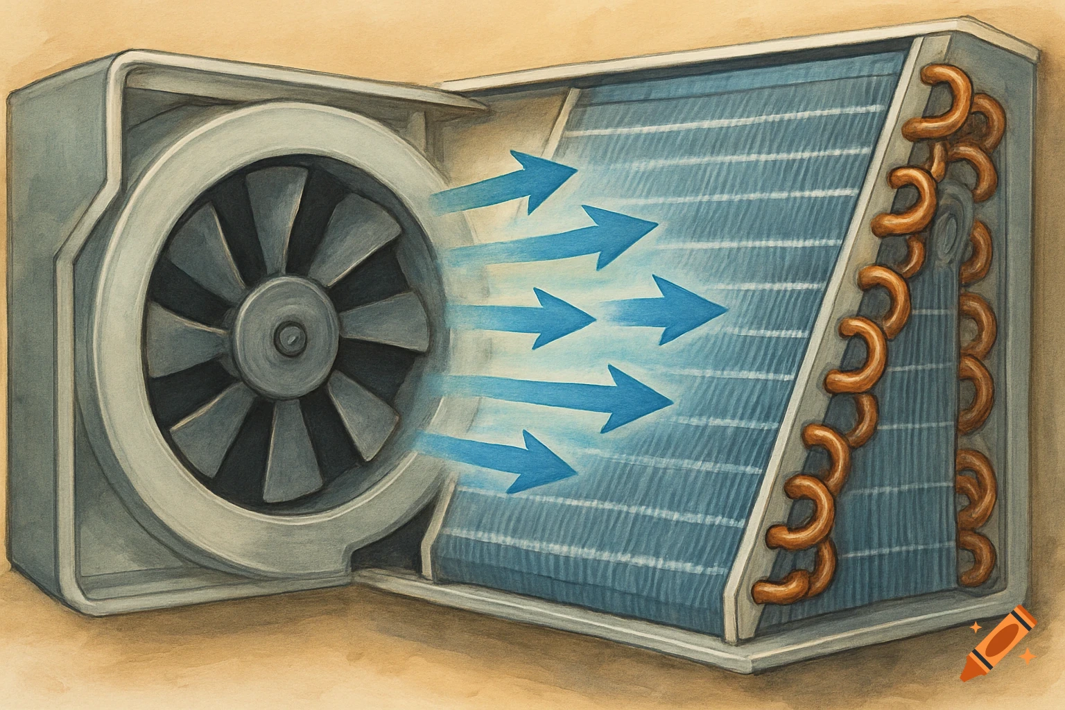 Watercolor illustration showing a cutaway view of an air conditioner fan blowing air over an evaporator coil.