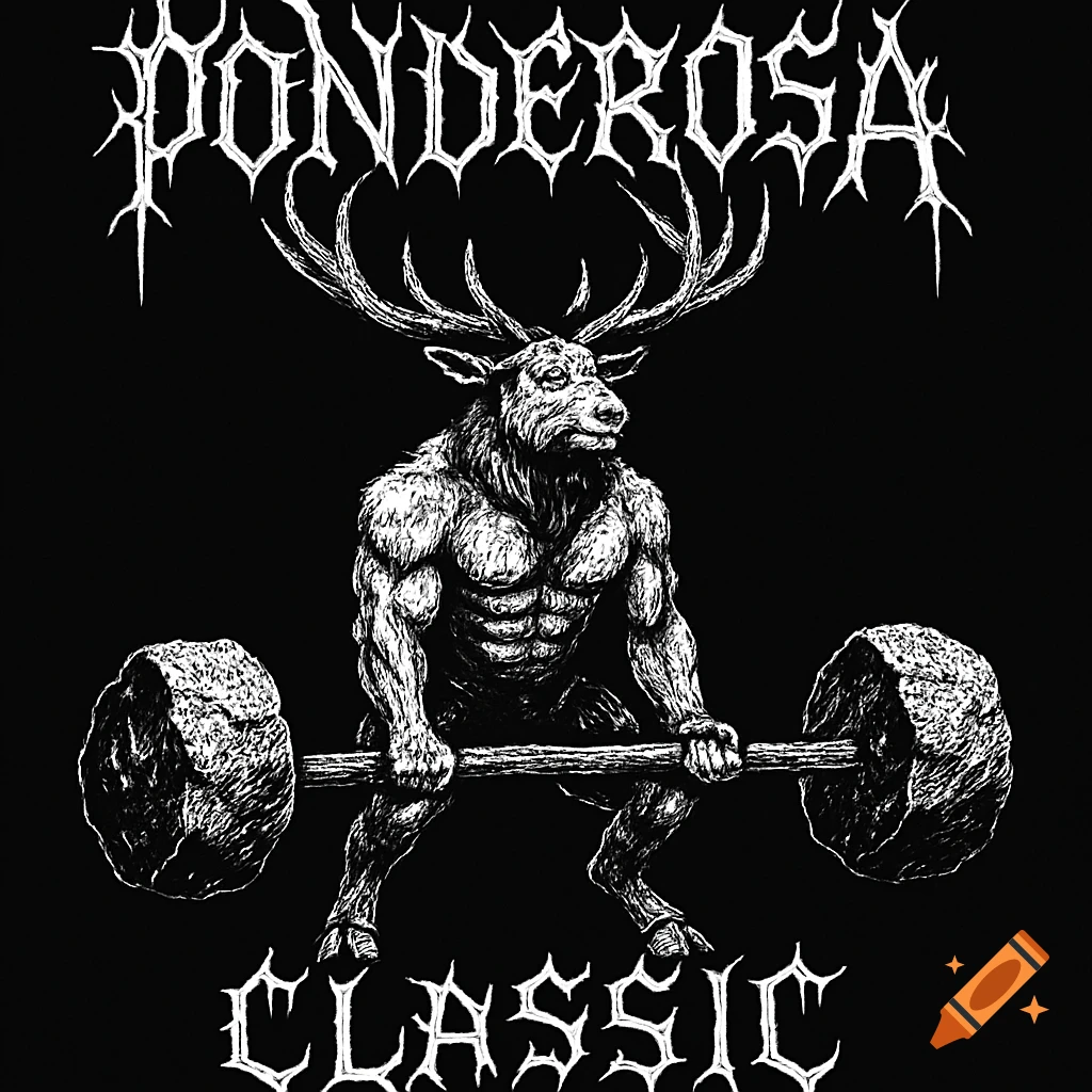 Black and white drawing of a muscular elk lifting a barbell with boulder weights and a tree trunk bar.