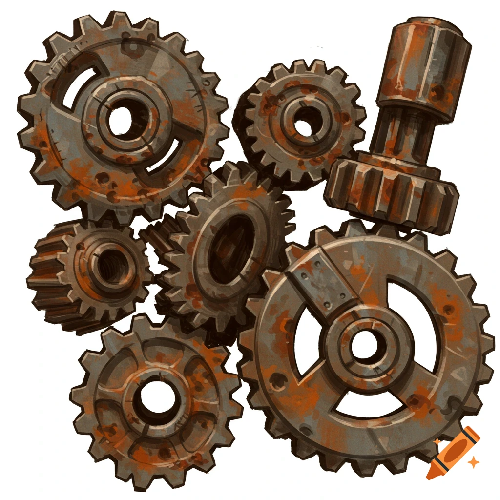 A cluster of rusty gears in a game art style.