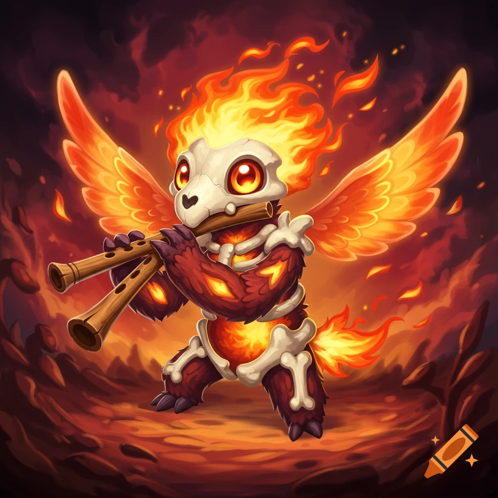 Cartoon fantasy creature with bone mask, fire, and wings plays a double flute.
