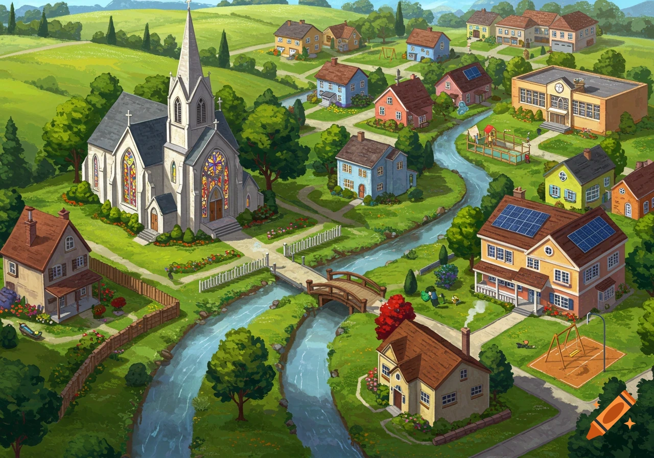 A cartoon illustration of a peaceful village with a church, houses, school, river, and green hills.
