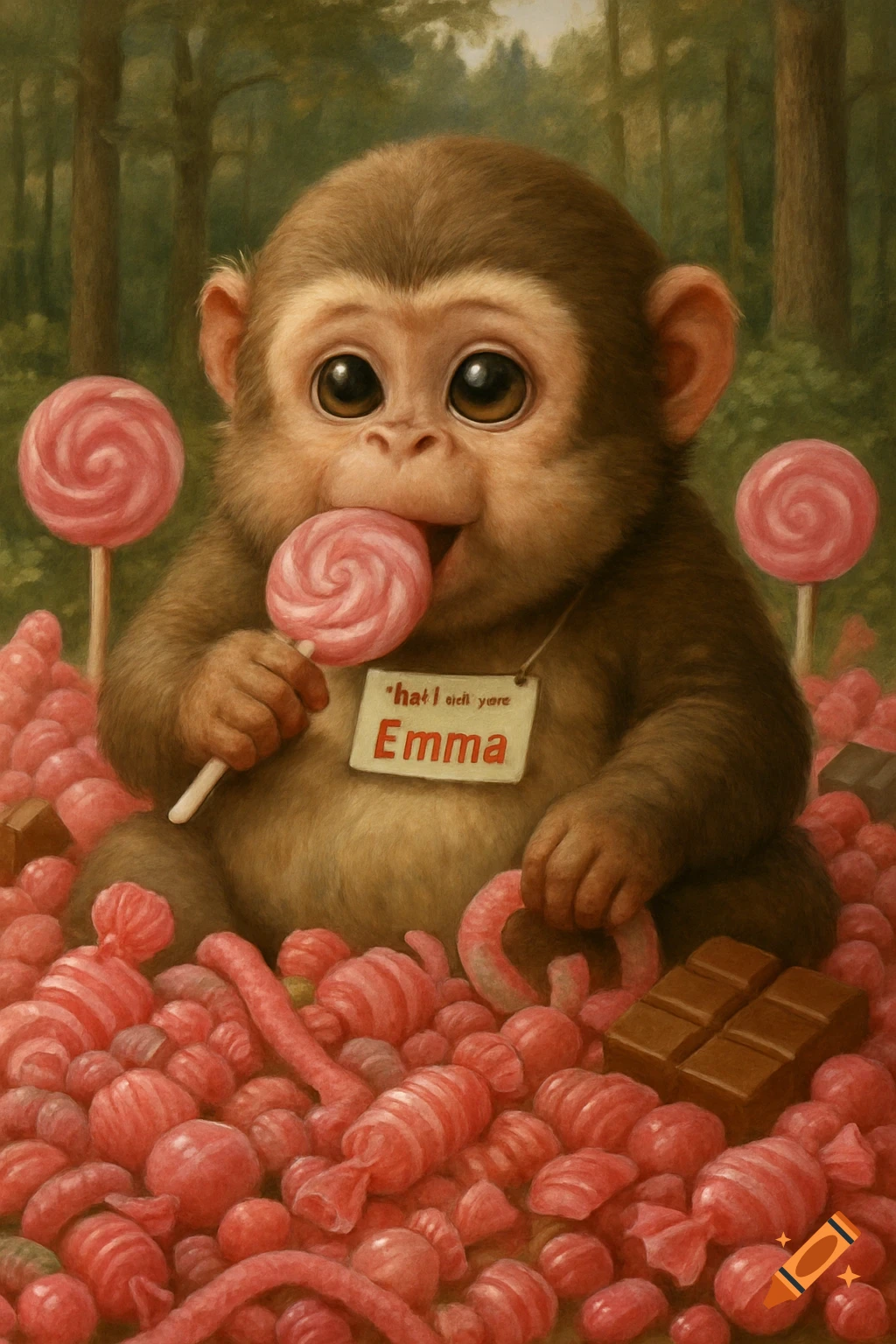 Cute fat monkey with large eyes eats pink candy surrounded by sweets in a forest, realistic art