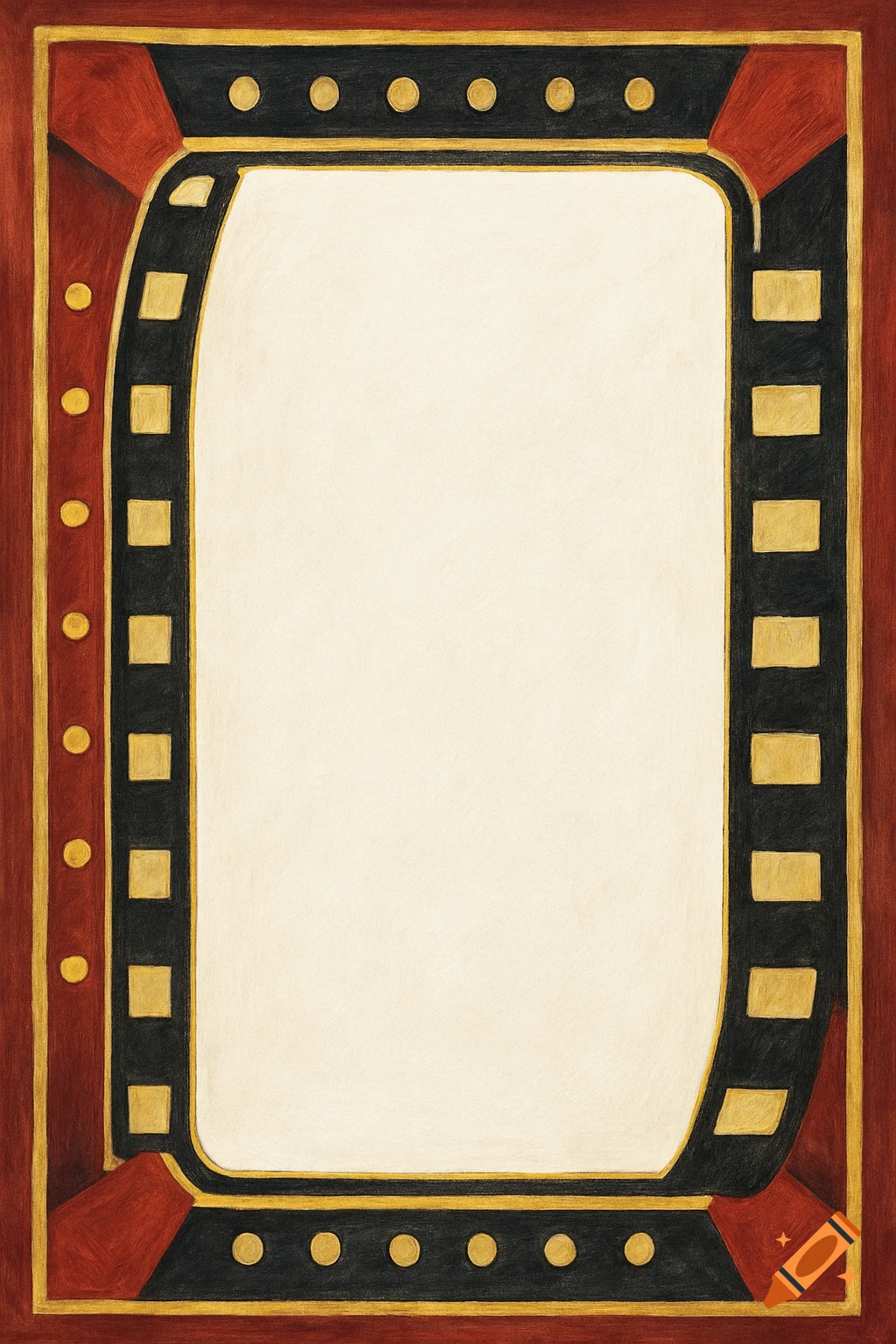 Abstract border with movie reel design in red, black, and gold around a white center